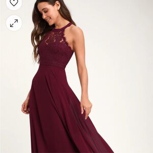 Lulu's Burgundy Lace Halter Prom Dress